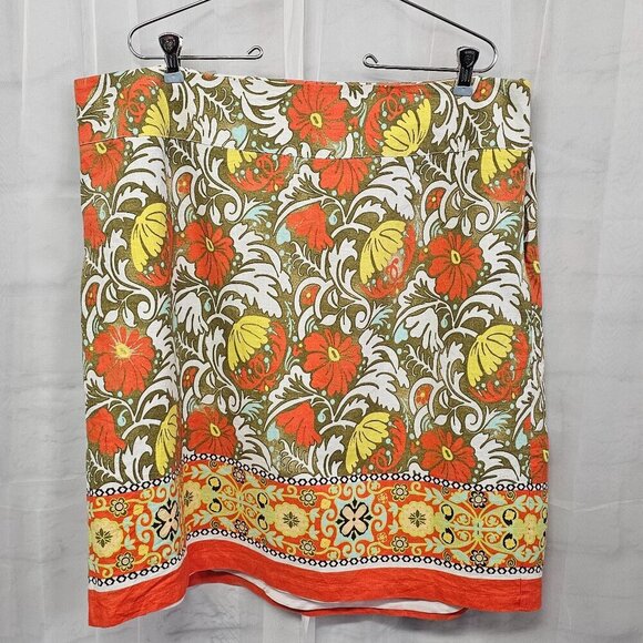 NWT Cato Orange Green Art Deco Linen Blend Boho A-Line Skirt 20W - Picture 1 of 11